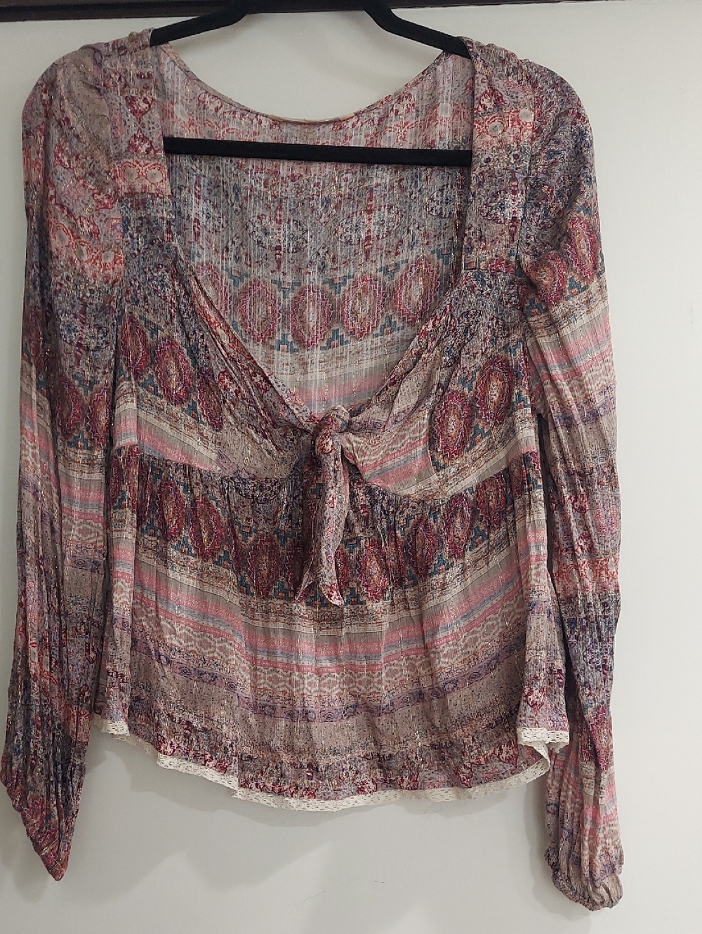 Boho Tie-Front Peasant Blouse - Multi Pink